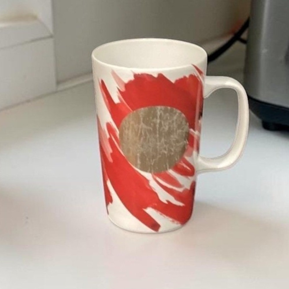 Starbucks Red Abstract Tall Coffee Cup W/ Gold Circle Vintage Inspired Drinkware